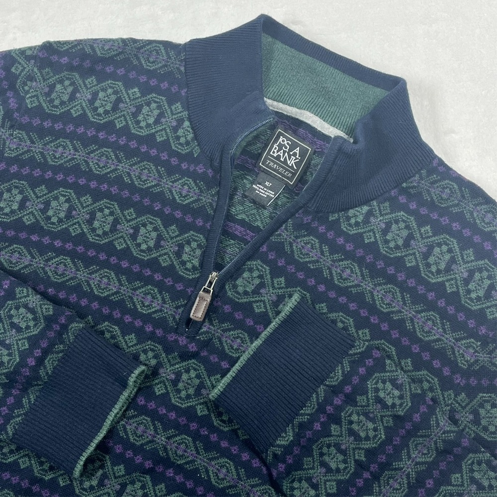 Jos A Bank Traveler 1/4 Zip Pullover Sweater Men's XLT Pima Cotton Fair Isle